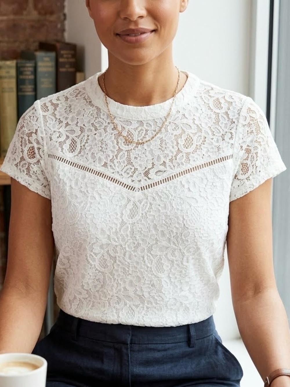Worthington Blouse cap short sleeve White Lace lined feminine coquette sz large